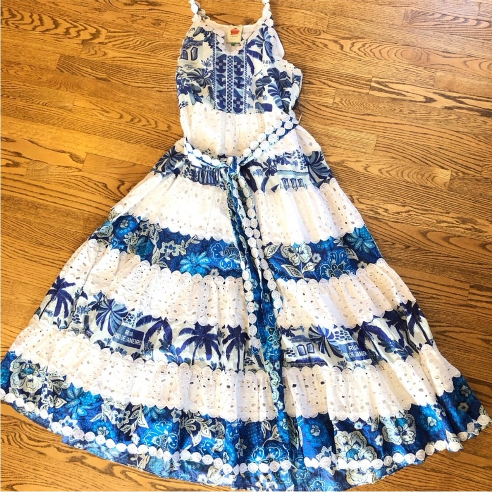 Farm Rio Mixed White and Blue Print Maxi Dress